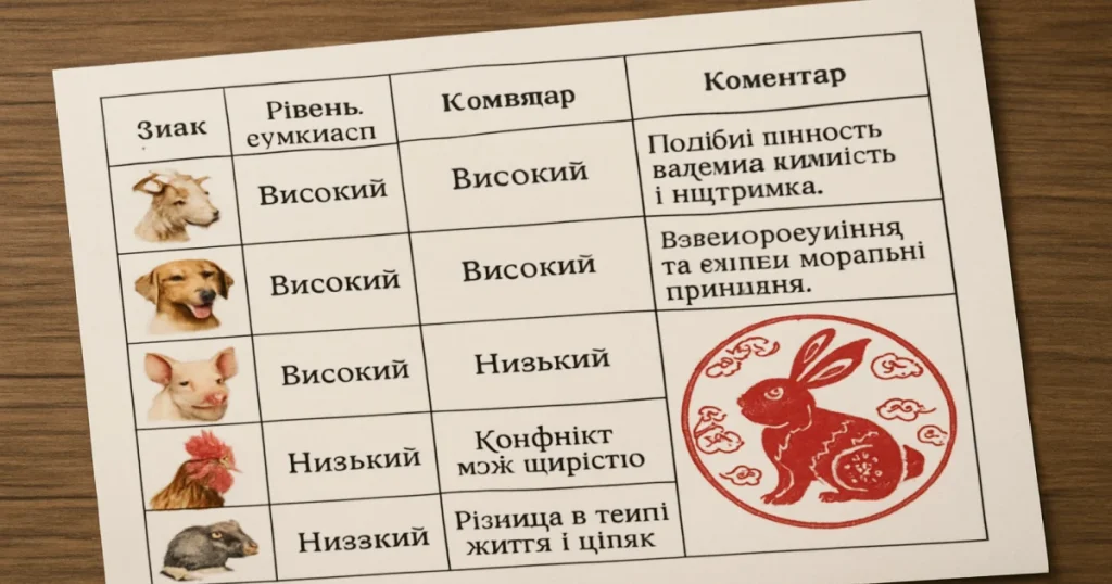 ЗнакРівень сумісностіКоментар КозаВисокийПодібні цінності, взаємна ніжність і підтримка. СобакаВисокийВзаєморозуміння та спільні моральні&hellip;