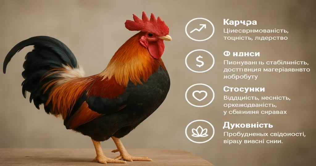 Сфера життяЗначення Півня Кар’єраЦілеспрямованість, точність, лідерство ФінансиПланування, стабільність, досягнення матеріального добробуту СтосункиВідданість,&hellip;