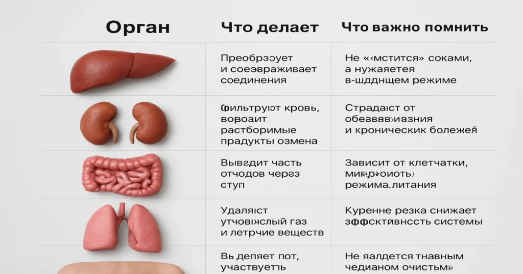 Орган Что делает Что важно помнить Печень Преобразует и обезвреживает соединения Не&hellip;